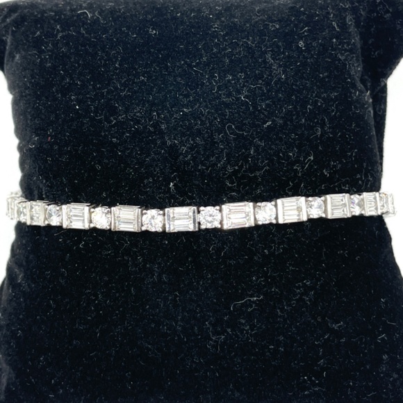 Silver Signed 925 China Baguette Rhinestone Tennis Bracelet 8" Wrist - Picture 1 of 9